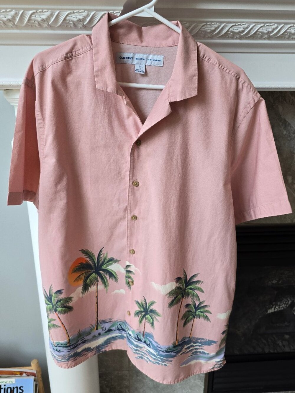 Old Navy Hawaiian Shirt Pink Palm Tree Sunset Button Down Camp Beach Large
